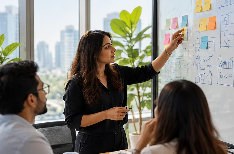 Creative strategy workshop with a facilitator mapping a business growth plan