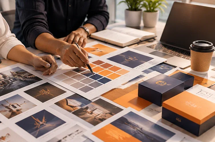 Brand identity workshop with colour palettes and printed creative material