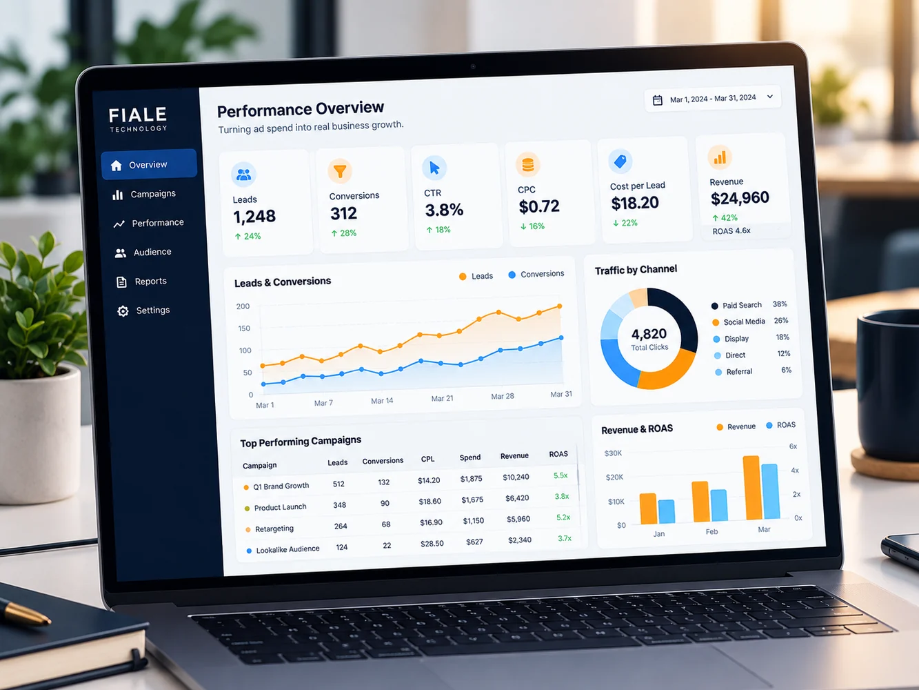 Realistic marketing analytics dashboard on a laptop showing leads, conversions, CTR, CPC and revenue