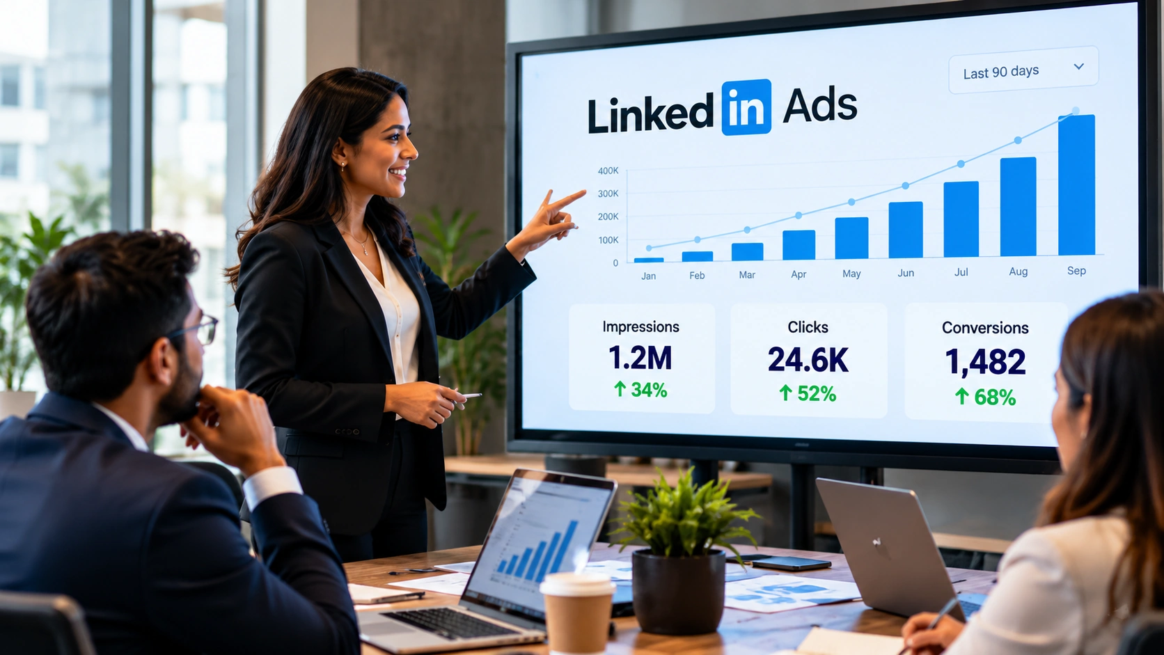 LinkedIn Ads strategy presentation in a modern business meeting